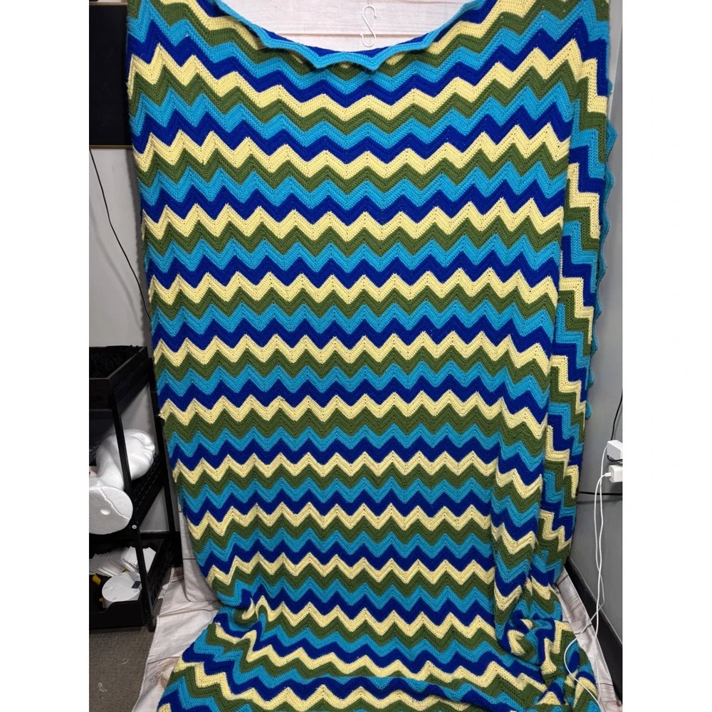 Vintage Handmade Crochet Afghan Blanket Chevron Zigzag Blue Green Yellow Throw